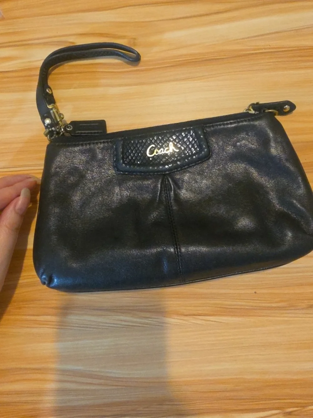 Coach Black Leather Wristlet with Gold Logo